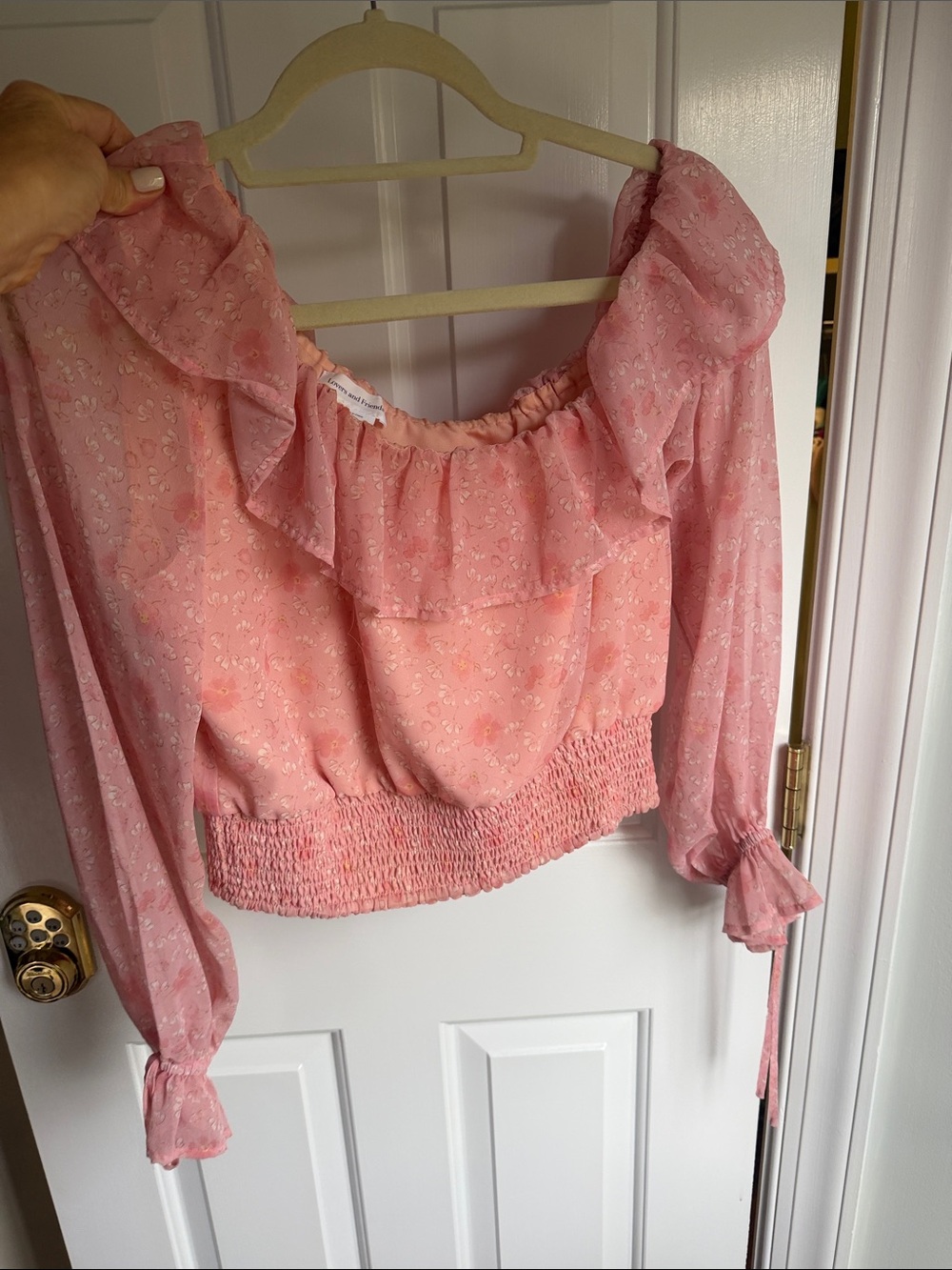 Lovers + Friends Blush Pink Ruffle Off-Shoulder Smocked Crop Top